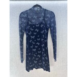 Delia's by Dolls Kill Sz M/L Velvet Butterfly Dress Mesh Shirt Y2K 90s Inspired